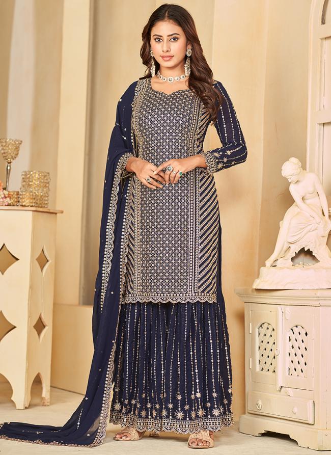 Faux Georgette Navy Blue Festival Wear Embroidery Work Sharara Suit